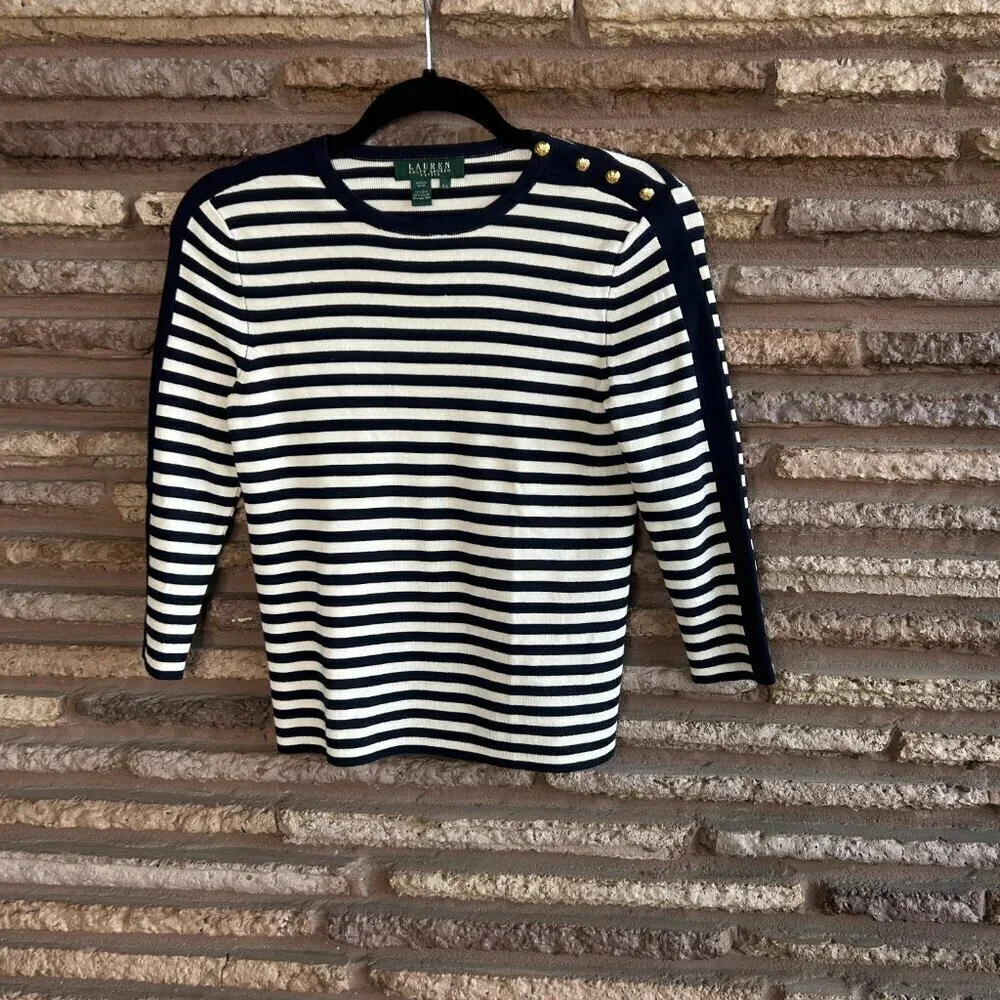Lauren Ralph Lauren Navy Blue White Nautical Stripe Silk Blend Sweater Small P